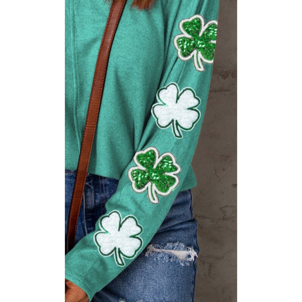 St Patrick’s Long Sleeve Top with White and Green Sequin Shamrocks - Picture 4 of 5